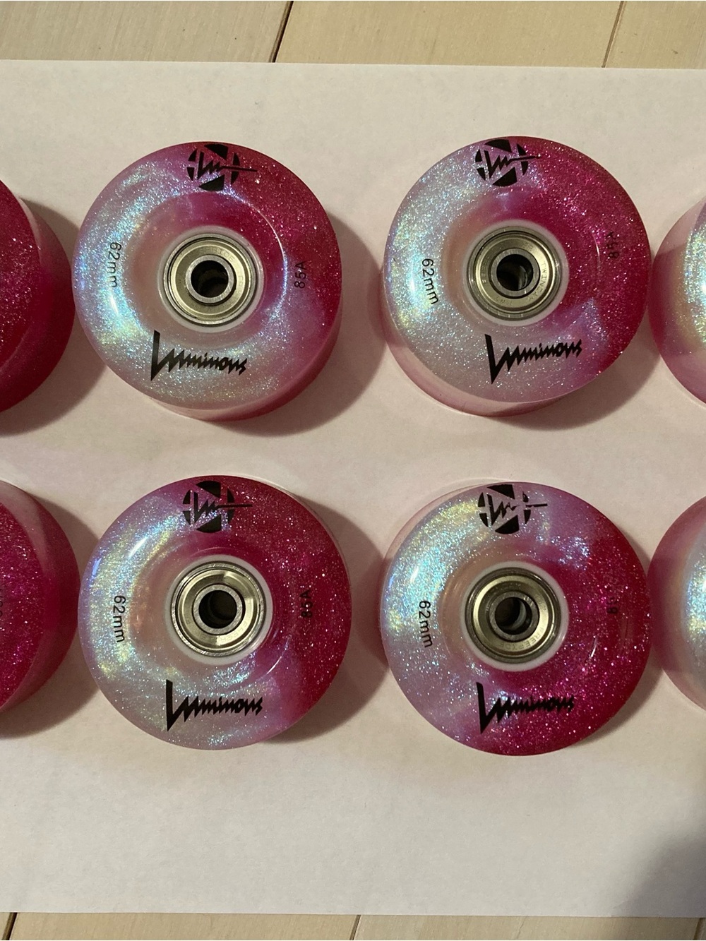 Luminous Cotton Candy Pink 85A 62mm Skate Wheels (8) with spacers and bearings
